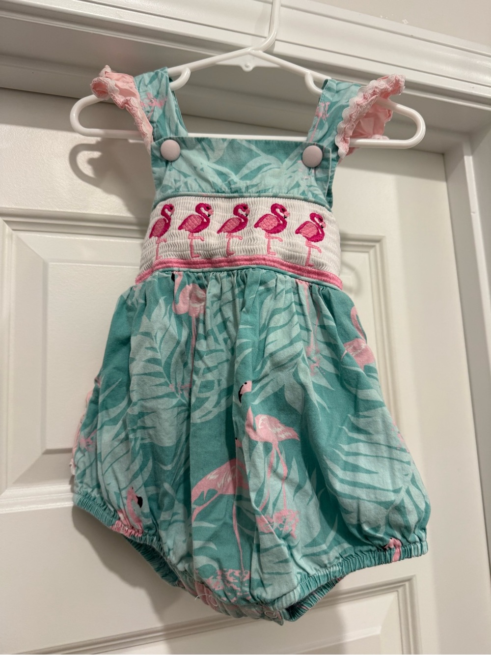 Pink Flamingo Smocked Aqua Bubble Romper
